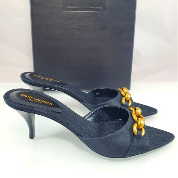 NEW$1050 Saint Laurent YSL Logo Gippy Chain Kitten-Heel Slide Sandal Mules Sz 37 - Picture 9 of 17